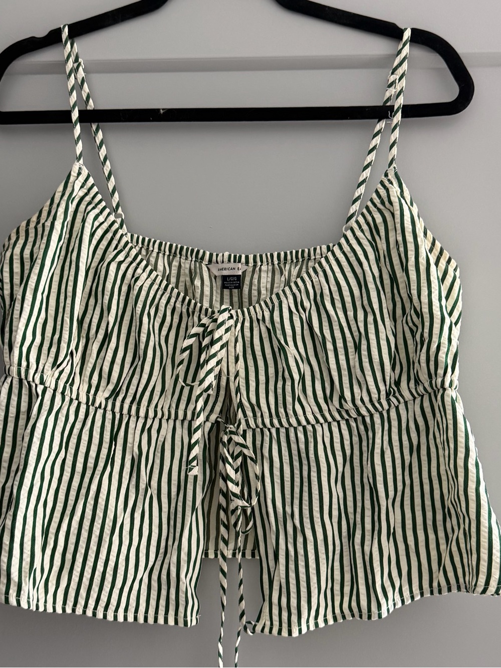 American Eagle Outfitters Green and White Striped Tie-Front Tank